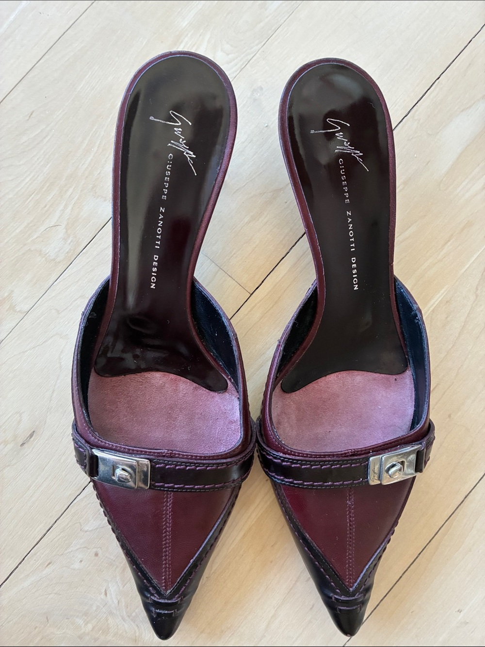 Vintage Giuseppe Zanotti Burgundy Pointed Leather Slip-On Mules/Kitten Heels - Picture 2 of 16